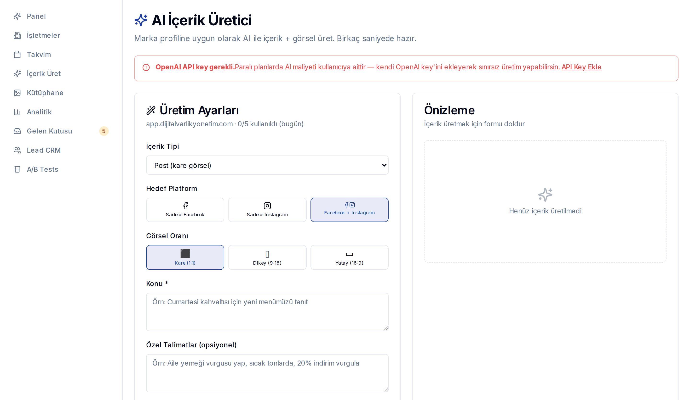 AI içerik üretme ekranı